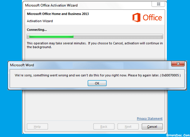 MS Office Activation Error Code 0x80070005