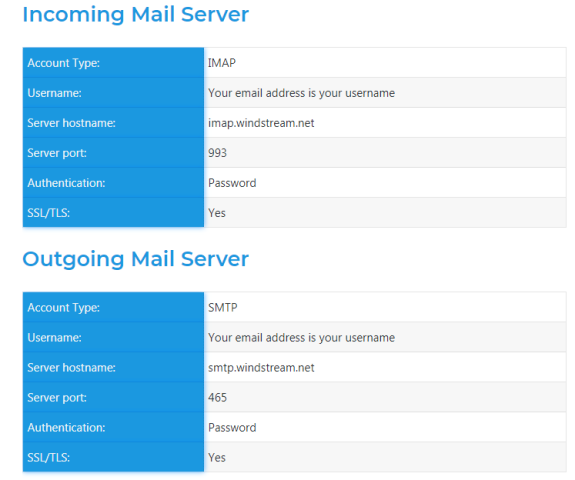 Windstream email POP and IMAP server settings