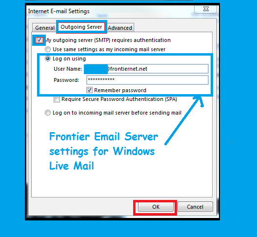 Frontier Email Server Setting for Outlook 2010