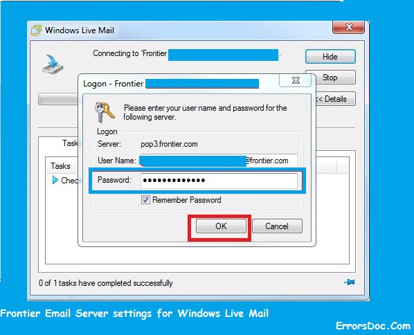 Frontier Email Server settings for Windows Live Mail