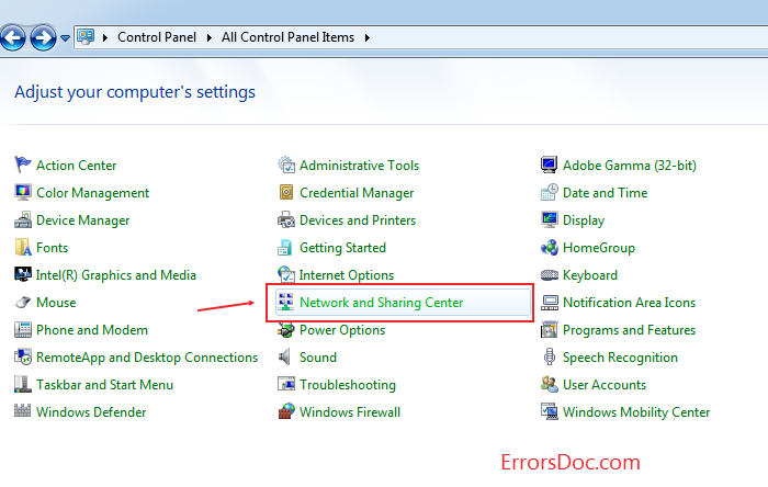 Open Network and sharing center in win 7