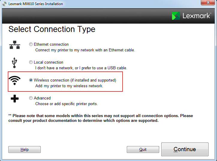 Select Connection Type to Connect your Lexmark Printer