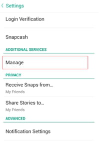 Snapchat Manage under Additional Service Section