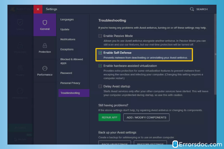Enable Self Defence-how to disable avast antivirus