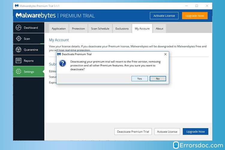 Deactivate-malwarebytes unable to connect the service