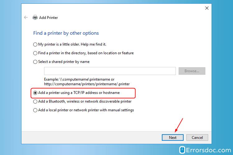 Add a printer using a TCPIP address or hostname 