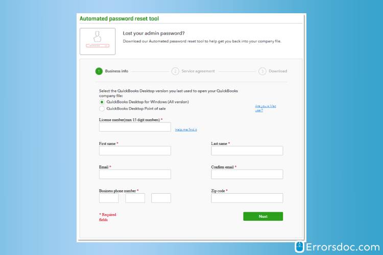 select the version to reset quickbooks password