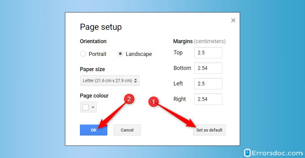 Set as default- how to make google doc landscape