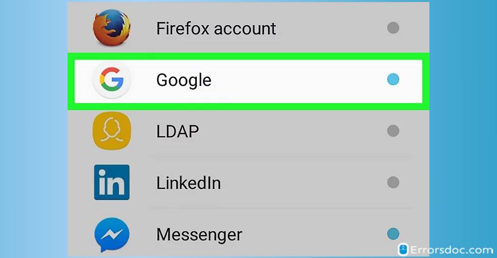 Tap Google - Android Account Setup Gmail