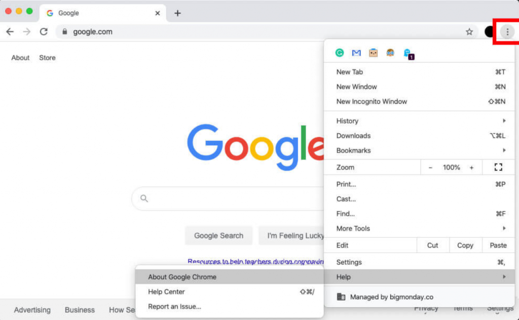 Hit “About Google Chrome” to solve 1and1 email login problem