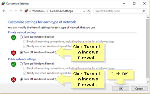 Turn off Windows Firewall to fix cox login issue