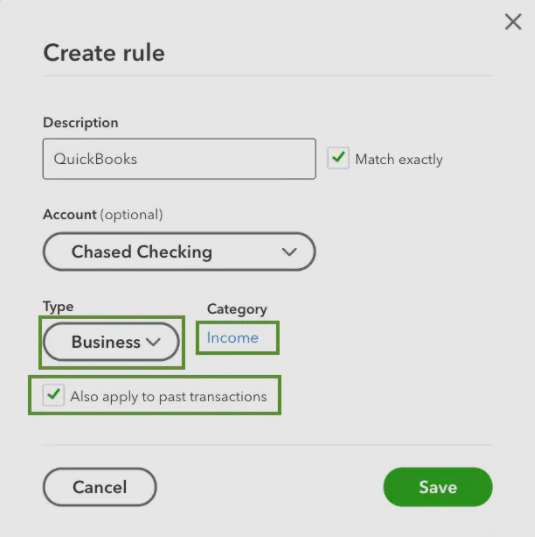 Also apply to past transactions to create rule in quickbooks